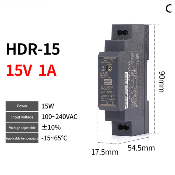 Rail Switching Power Supplies DC HDR-15W/30W-5V/12V/15V/24V Hal black HDR-15-15V/1A