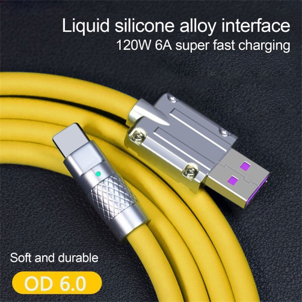 120 W 6A Super Fast Charge Type-C nestemäinen silikonikaapeli Quick US Yellow For TypeC 1m