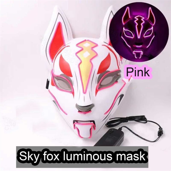 Anime Decor Fox Mask Neon Led Light Cosplay Mask Halloween Par Pink One Size