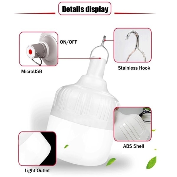 USB Uppladdningsbar LED Nödljus Hus Utomhus Portable La White 40W