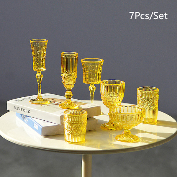 7 Stk 1:6 Dukkehus Miniatyr Vannkopp Vinglass Champagne Gla Yellow One Size