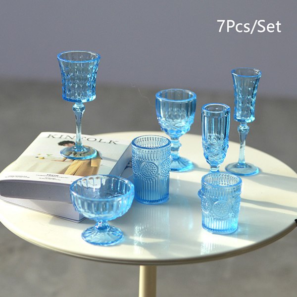 7 Stk 1:6 Dukkehus Miniatyr Vannkopp Vinglass Champagne Gla Blue One Size