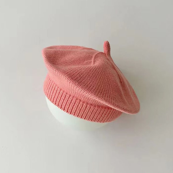 Modebebistickad Beret Hatt Solid Färg Barn Varm Dark pink