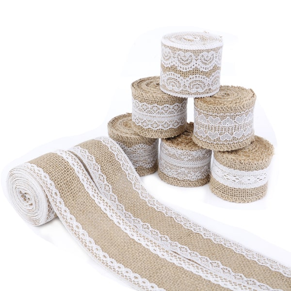 5kpl 2-metrinen / rullajuutti säkkikangas Hessian Lace Ribbon White Lace Tri White 5pcs