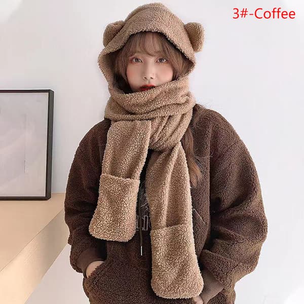 e Bear Ear Hat Halstørklæde Handsker 3-i-1 Winter Warm Cap Damer Windpr 3#-Coffee one size