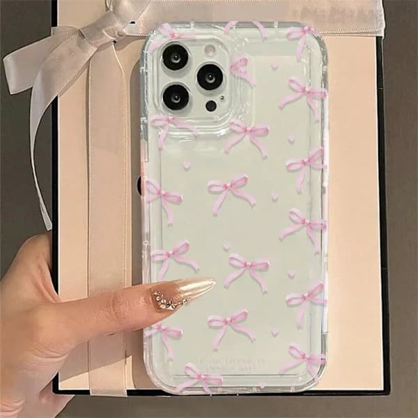 Sött rosa hjärtformat rosettfodral för iPhone14plus, stötsäkert mjukt transparent fodral.