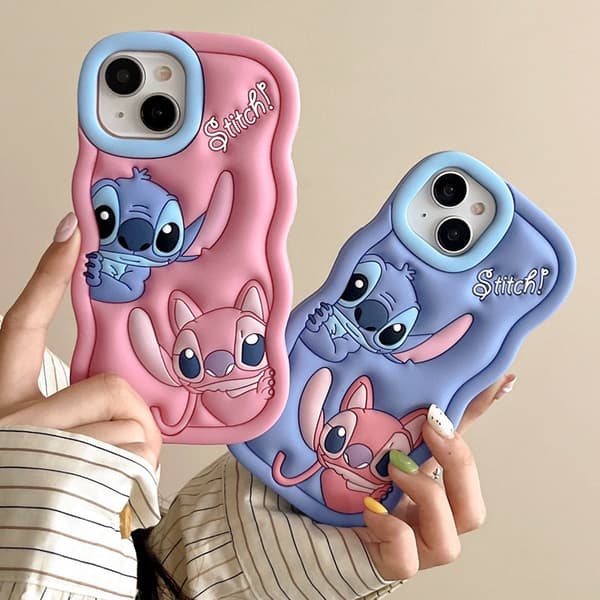Lilo & Stitch Tecknad 3D Vågmönster Mjukt Silikon Mobilskal, Kompatibelt med iPhone15plus rosa