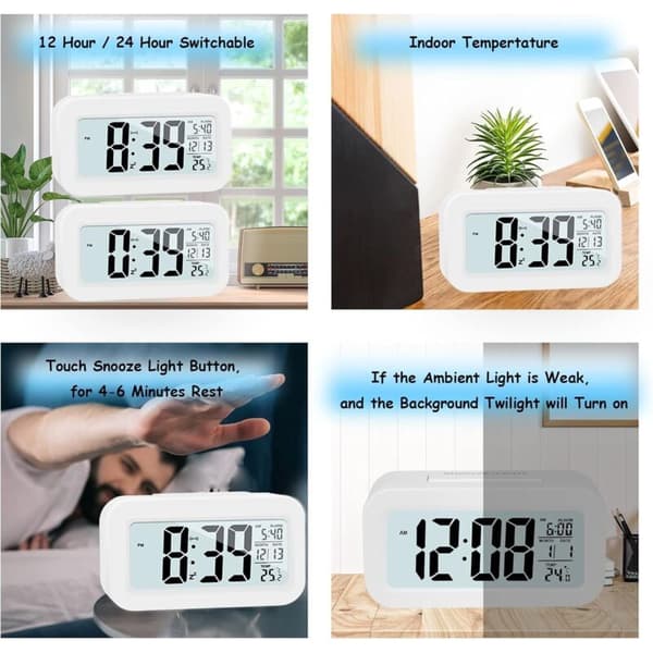 Digital väckarklocka. Batteridriven digital klocka. Tyst väckarklocka för barn och vuxna. Stor LED-display. Temperaturkalender (vit).
