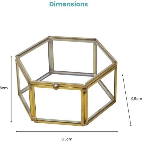 Hexagonal glas- och metallringask – Smyckesdisplay 10.5x9.5x5 cm – Guldfinish för förlovning och frieri