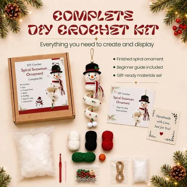 DIY Spiralvirkad Snögubbe-kit – Julpyssel för vuxna, handgjorda julgransprydnader & vinterpresenter (Vit, virkkit)