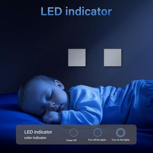 2-vägs 1-polig touchströmbrytare. Vit ljusströmbrytare med LED-display. Touchströmbrytare med touchsensor, kristallglaspanel - Ingen neutralledare