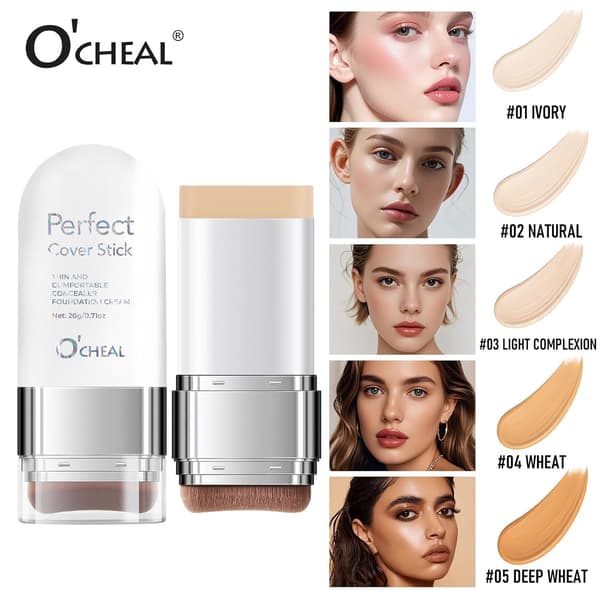 O'CHEAL 2-i-1 Foundation & Concealer Stick med borstspets, ljus hudton
