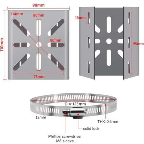Universellt vertikalt stolpfäste för säkerhetskamera. 3 öglor i rostfritt stål vinkelfäste. Mastfäste lämpligt för CCTV-kameror (100 mm)