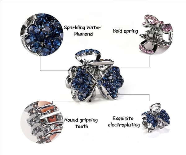 4 mini blå strass metallklämmor, retro halkfria för kvinnor/flickor.