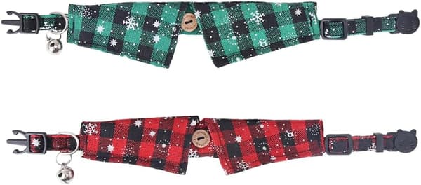 Julrutiga katthalsband med rosett och bjällra, justerbart djurhalsband, 2-pack
