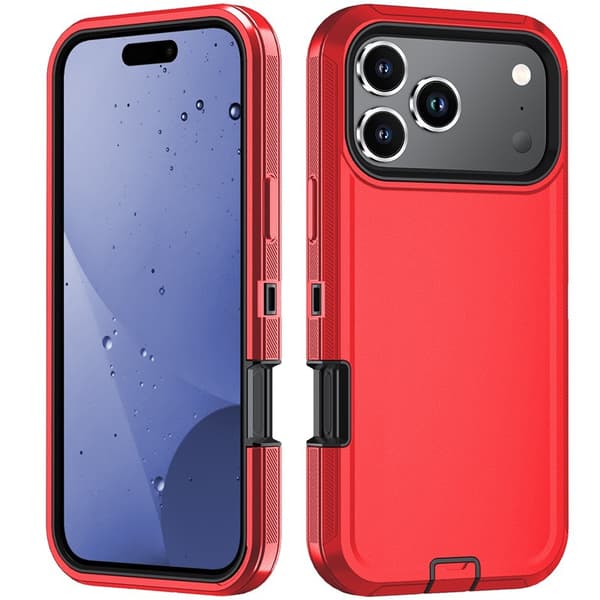 Rött och svart stötsäkert pansarfodral, kompatibelt med iPhone 17 Pro Max, styvt PC+TPU stöd bakstycke