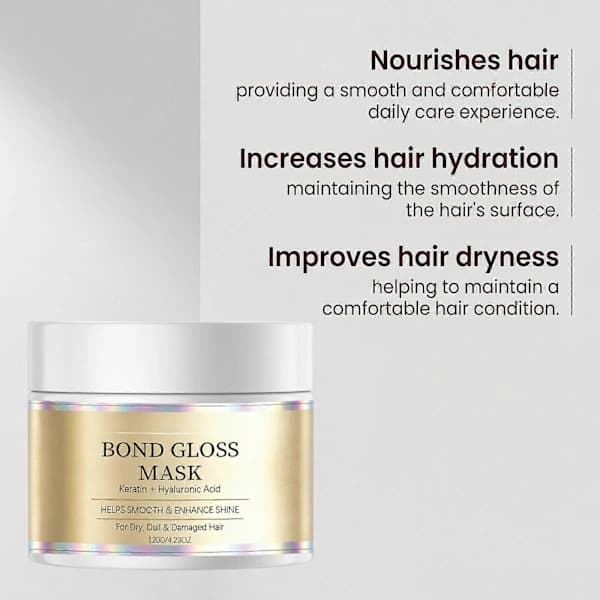 Bond Gloss Hårmask, en reparerande hårmask med keratin och hyaluronsyra, är lämplig för torrt och skadat hår.