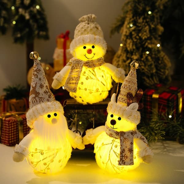 3-pack lysande julfigurer i plysch, tomte, snögubbe och ren som bordsdekoration
