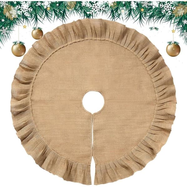 Julgransmatta i linne, veckad julgransmatta, trädbasöverdrag med volang, rustika höstdekorationer för vinterfest (80 cm)
