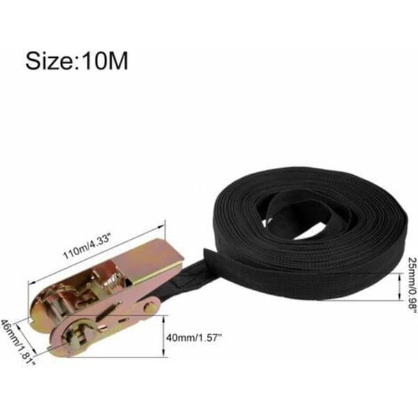 10m Spännband med Spärr – 600kg Lastkapacitet – 25mm Bredd – Polyester för Lastsäkring – 2-pack – Svart – 10m x 25mm