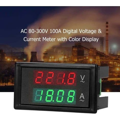 Digital Voltmeter-Amperemeter 80–300 V AC 100 A med dubbel grön/röd LED-display och strömtransformator