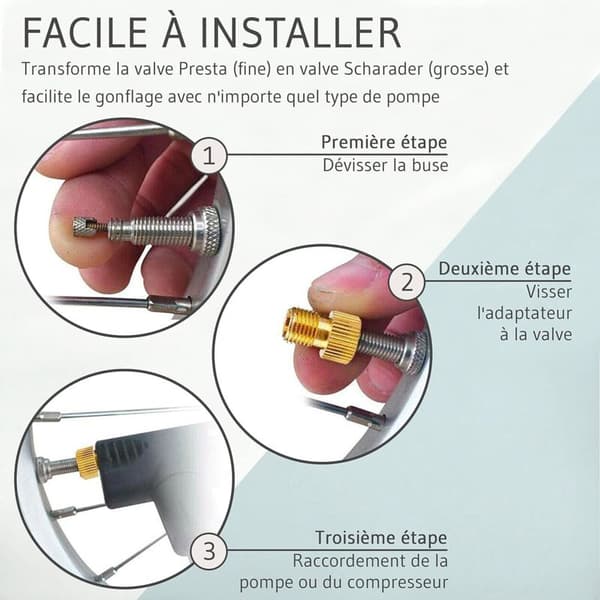 Set med 4 Presta till Schrader ventiladaptrar – Massiv mässing och rostfri – Enkel uppblåsning med alla luftpumpar