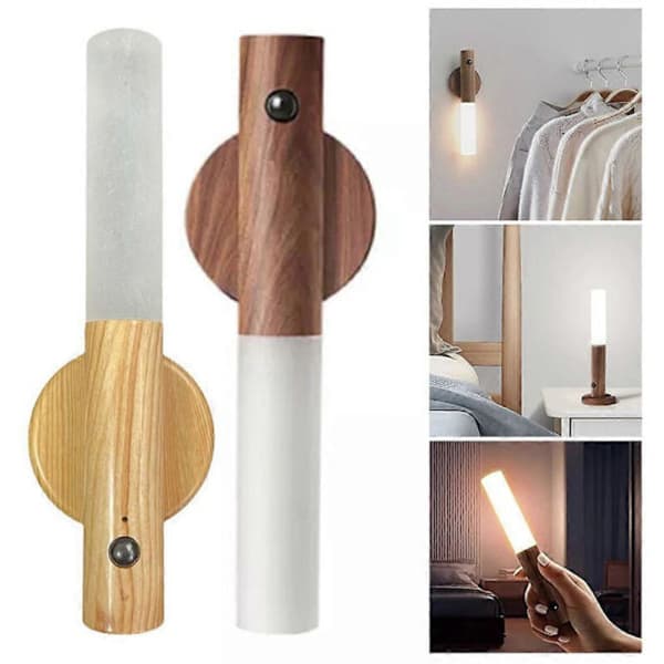 Smart LED-vägglampa med rörelsesensor i valnöt. USB-uppladdningsbar.