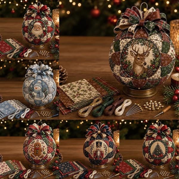No-Sew Patchwork julgransprydnadskit, set för quiltad tygboll, DIY-dekoration för granen (stor)