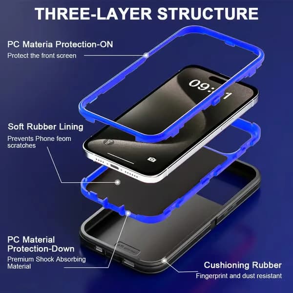 Mörkblått stötsäkert pansarfodral, kompatibelt med iPhone 17 Pro Max, styvt PC+TPU stöd bakstycke