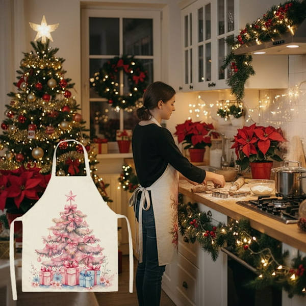 Tomte-tryckt jul förkläde, restaurang bar fest dekor.