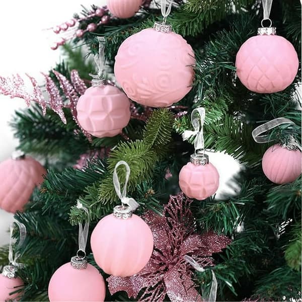 46-delad flockad julgransprydnad, sammetslen, metallspänne, okrossbar, träd heminredning.