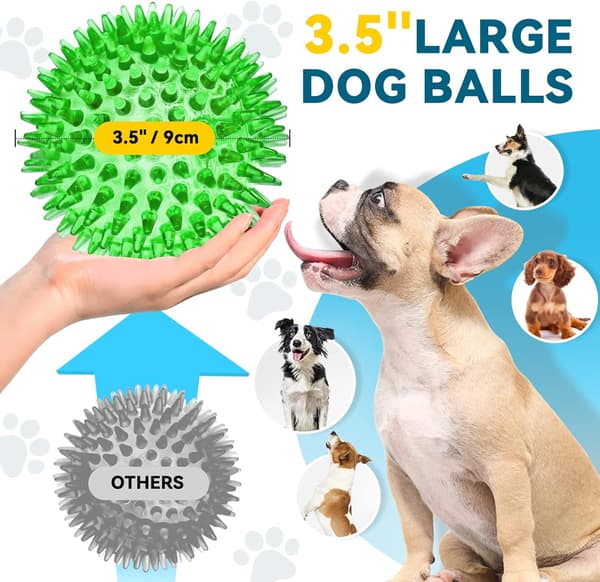 6-pack 3,5-tums hundbollar, pipande & spikade, tuggleksak, för tänder & träning.