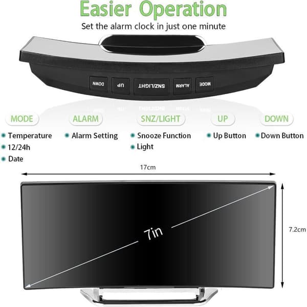 Digital väckarklocka för sovrum. 7\" LED-spegelskärm. Två ljusstyrkenivåer. Temperatur. Datum. USB-driven. Minnesfunktion.