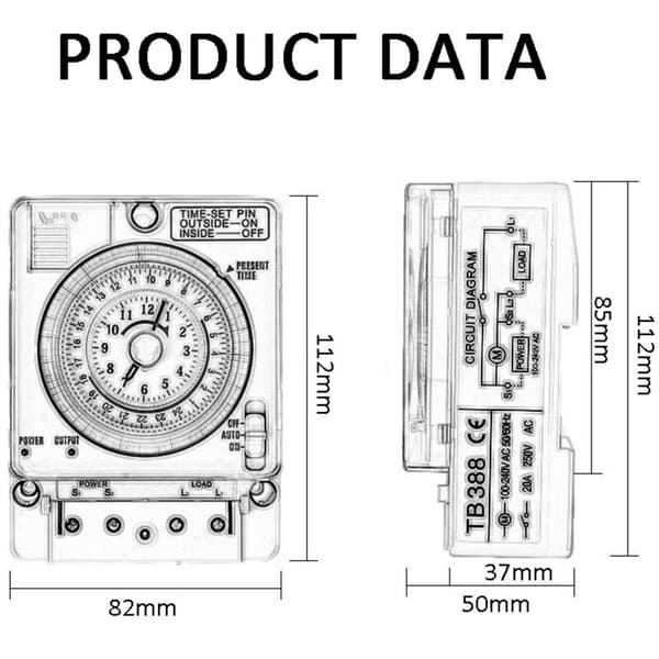 24-timmars analog klocka på DIN-skena – 16A mekanisk timer – 15-minuters programmering – 100-240V AC strömförsörjning – 3500W maxbelastning