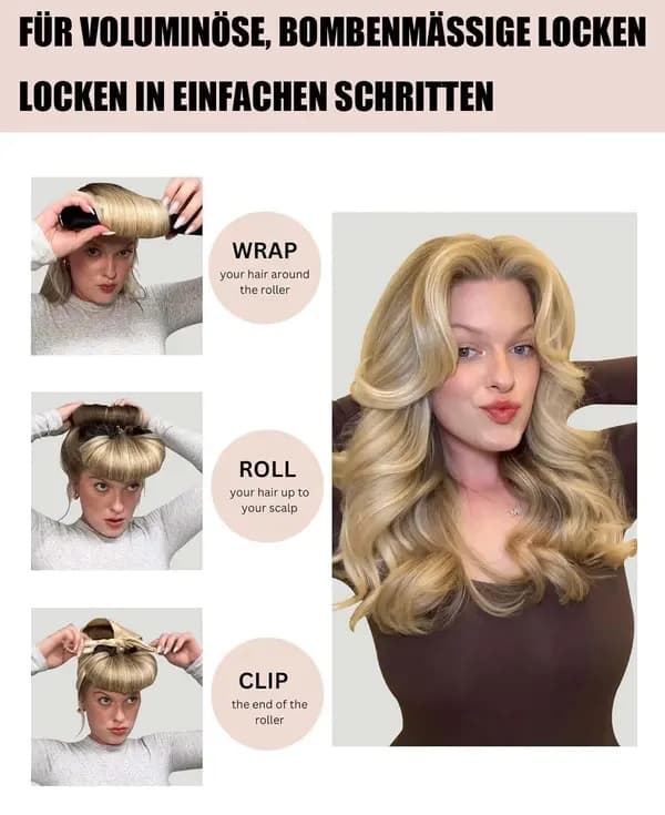Värmefria hårrullar (3-pack) med krok – skonsamma, hårskyddande papiljotter, rosa.