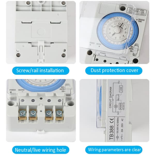24-timmars analog klocka på DIN-skena – 16A mekanisk timer – 15-minuters programmering – 100-240V AC strömförsörjning – 3500W maxbelastning