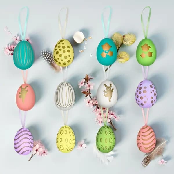 Hängande påskägg, 12-pack – Färgglada påskprydnader i plast, 6 x 4 cm