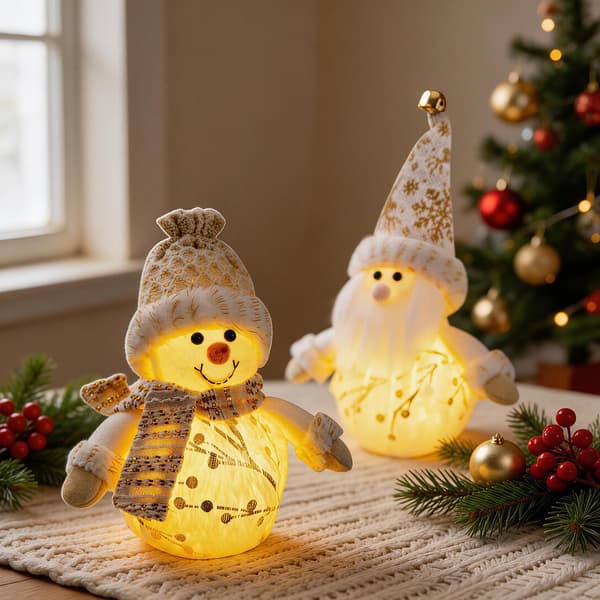 3-pack lysande julfigurer i plysch, tomte, snögubbe och ren som bordsdekoration