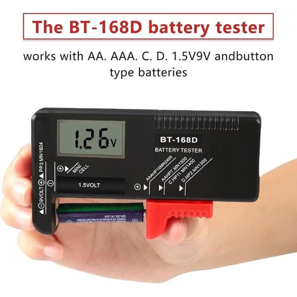 Digital batteritestare. Universell batteritestare. Batteritestare. För AA, AAA, CD, PP3, 9V, 1.5V och knappcellsbatterier - Fungerar utan batterier
