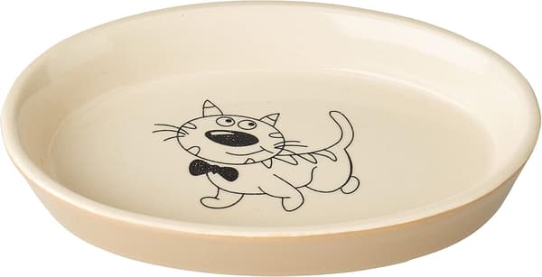 Keramisk matskål för katter, oval, 17 x 11 x 2,5 cm, brun/beige
