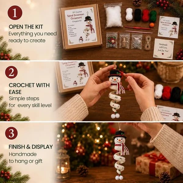 DIY Spiralvirkad Snögubbe-kit – Julpyssel för vuxna, handgjorda julgransprydnader & vinterpresenter (Vit, virkkit)