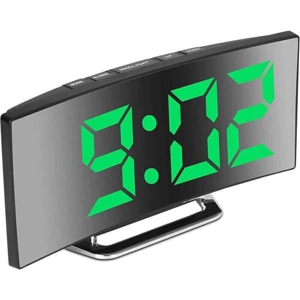 Digital väckarklocka för sovrum. 7\" LED-spegelskärm. Två ljusstyrkenivåer. Temperatur. Datum. USB-driven. Minnesfunktion.