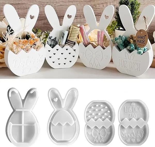 Påsk Silikonform Set (4 Delar), Kanin Blomkorg Form - Perfekt för DIY Påskpyssel, Gips, Ljus och Ornament
