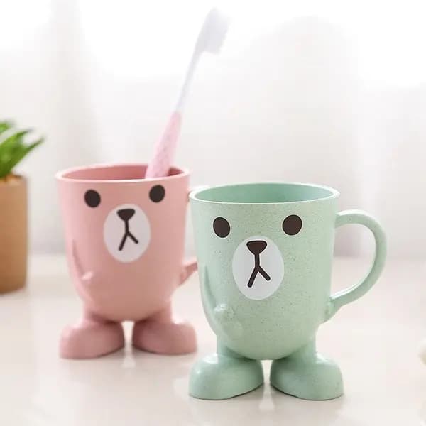 Mug för munsköljning i hemmet med sugrör, tecknat djur, rosa