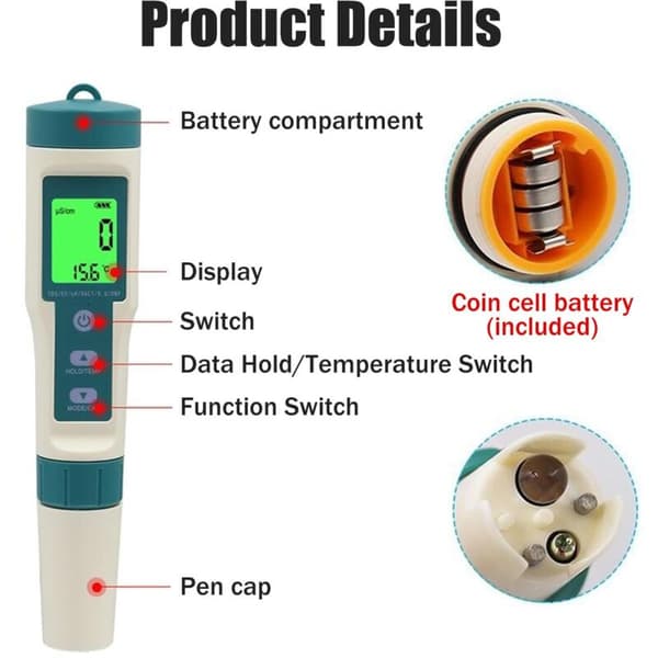 Beijiyi – 8-i-1 Elektronisk pH-mätare – Testar pH, TDS, salthalt, EC, ORP och temperatur – För simbassänger, akvarier och hydroponik