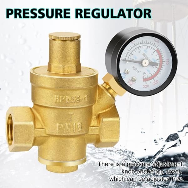 Tryckregulator. Justerbar tryckreducerare i mässing DN20 med tryckmätare. Justerbar tryckreducerare i mässing