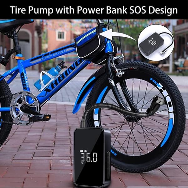 Bärbar luftkompressor. Mini elektrisk uppblåsare. Elektrisk cykelpump. Kompressor med digital display, LED-ljus och USB-C-port