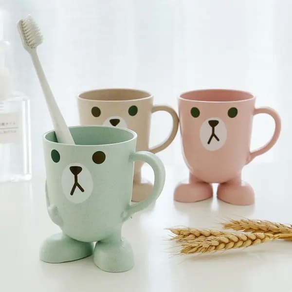 Mug för munsköljning i hemmet med sugrör, tecknat djur, rosa