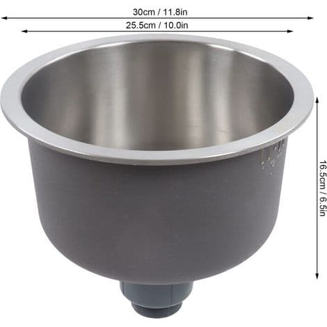 Mini rund diskho i rostfritt stål med inbyggd avloppsanslutning, 30 cm diameter
