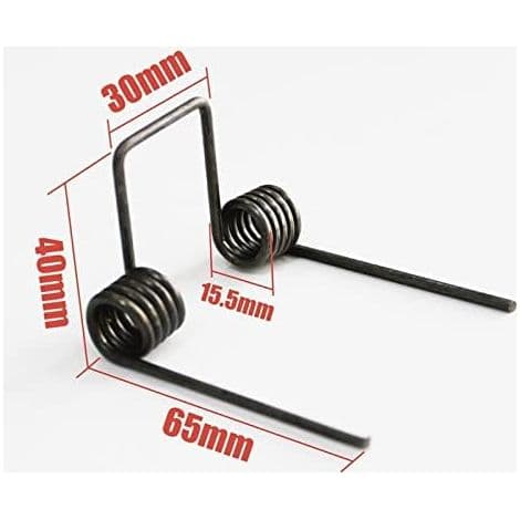 Dubbel torsionsfjäder. Tråddiameter 2.5 mm. Ytterdiameter 15.5 mm. Benlängd 65 mm. 5 varv